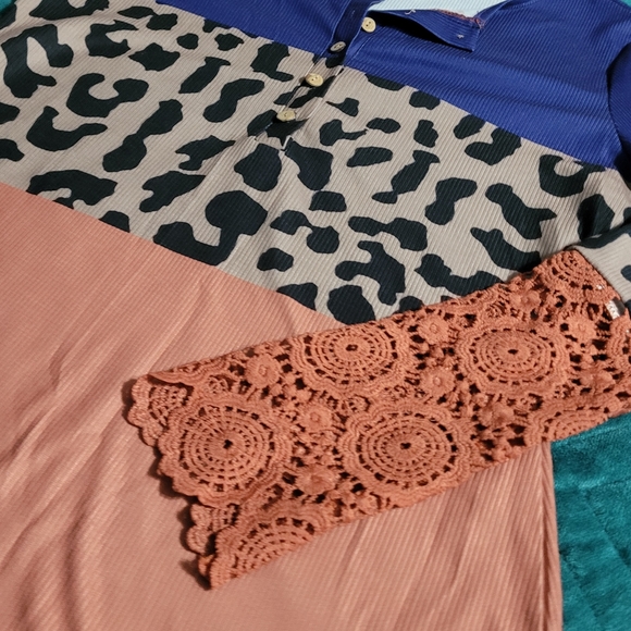 Leopard Colorblock Crocheted Long Sleeve Button Up Blouse, Medium - Picture 10 of 10